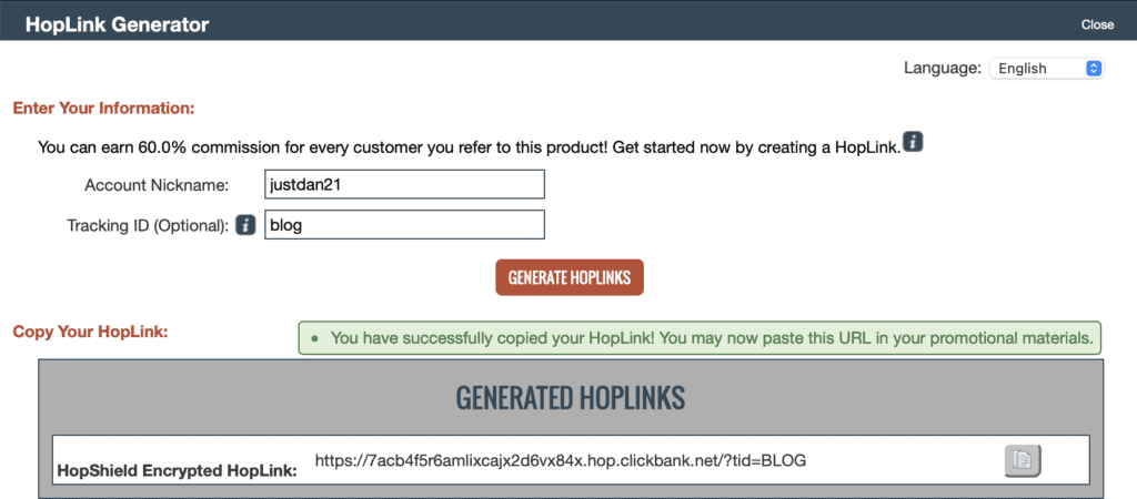 Create a ClickBank affiliate link in the HopLink Generator