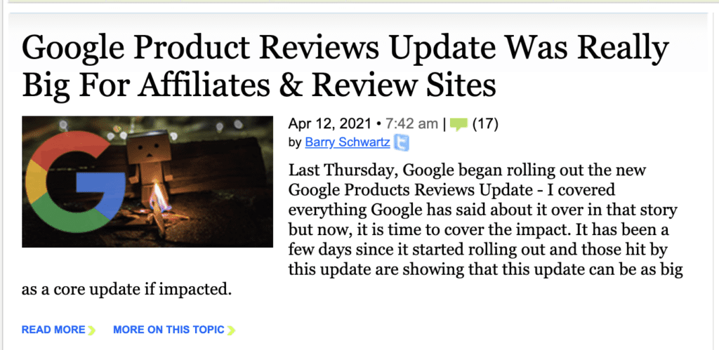 Google product reviews algorithm update article