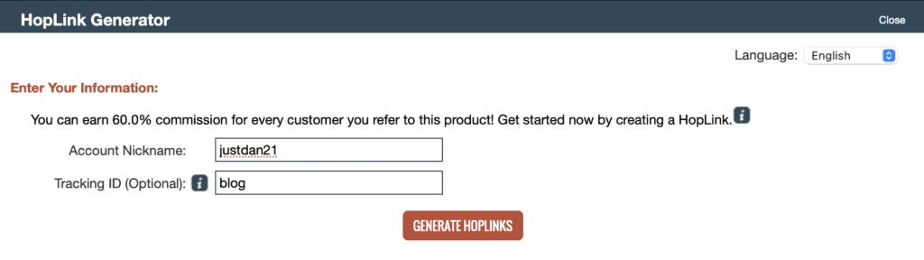 Generate a HopLink in the ClickBank affiliate marketplace