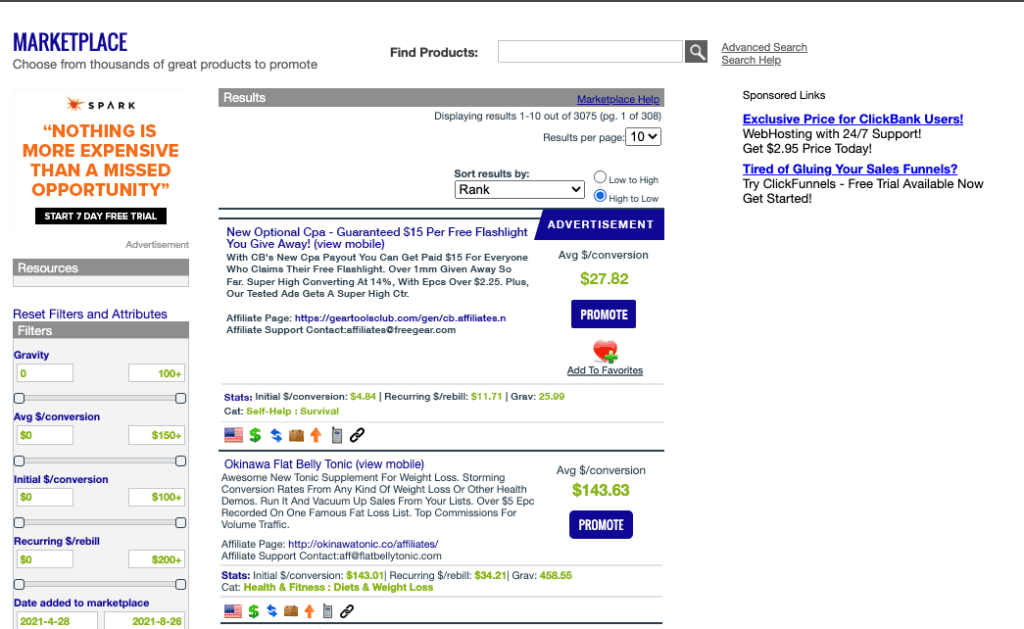 ClickBank Products in Marketplace