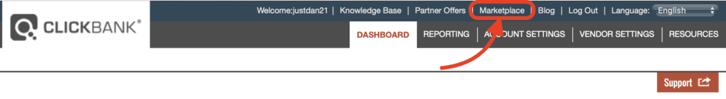 ClickBank affiliate marketplace - nav menu