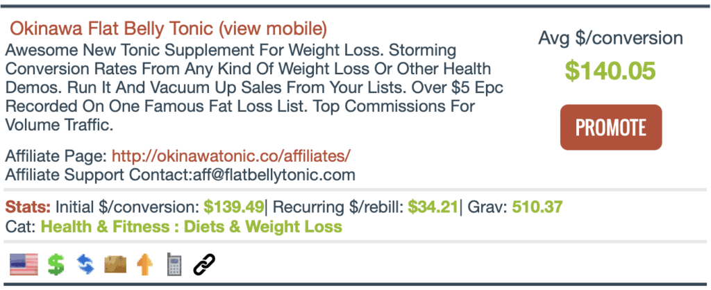 ClickBank product listing - Flat Belly Tonic