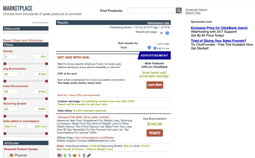 ClickBank products in marketplace