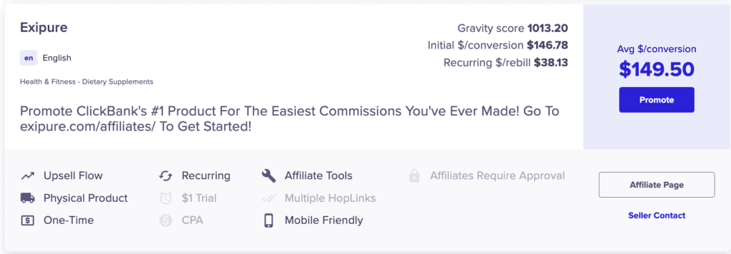 Exipure listing on ClickBank marketplace