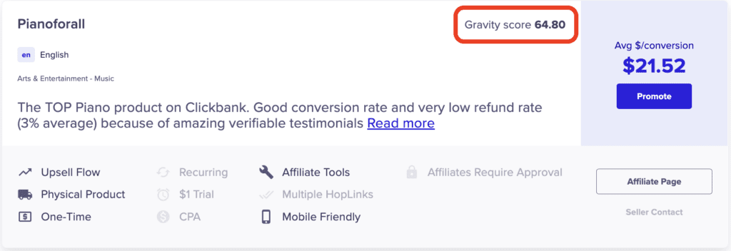 ClickBank product listing - gravity score