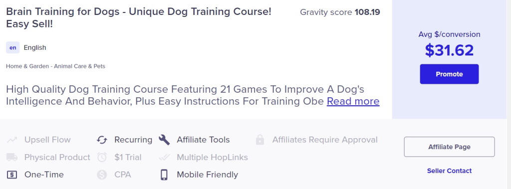Brain Training for Dogs - seller listing on ClickBank