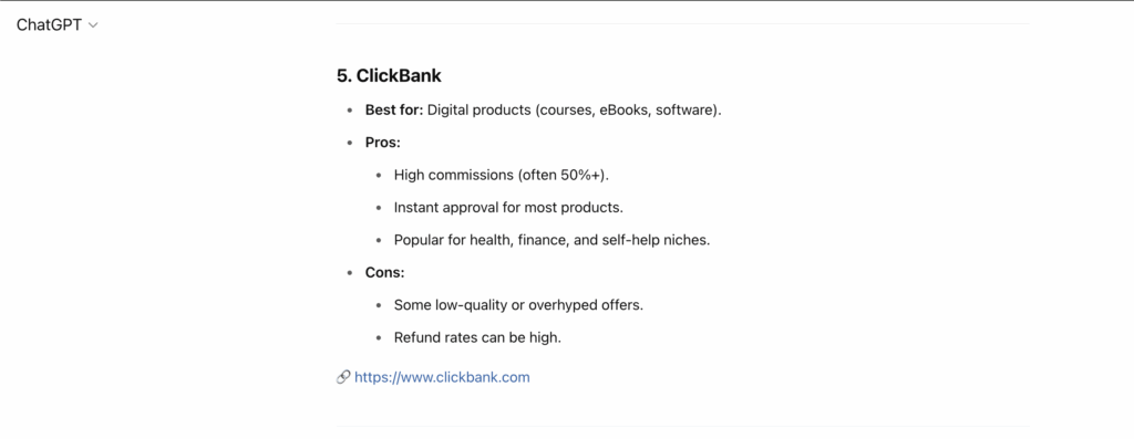 ChatGPT response about ClickBank