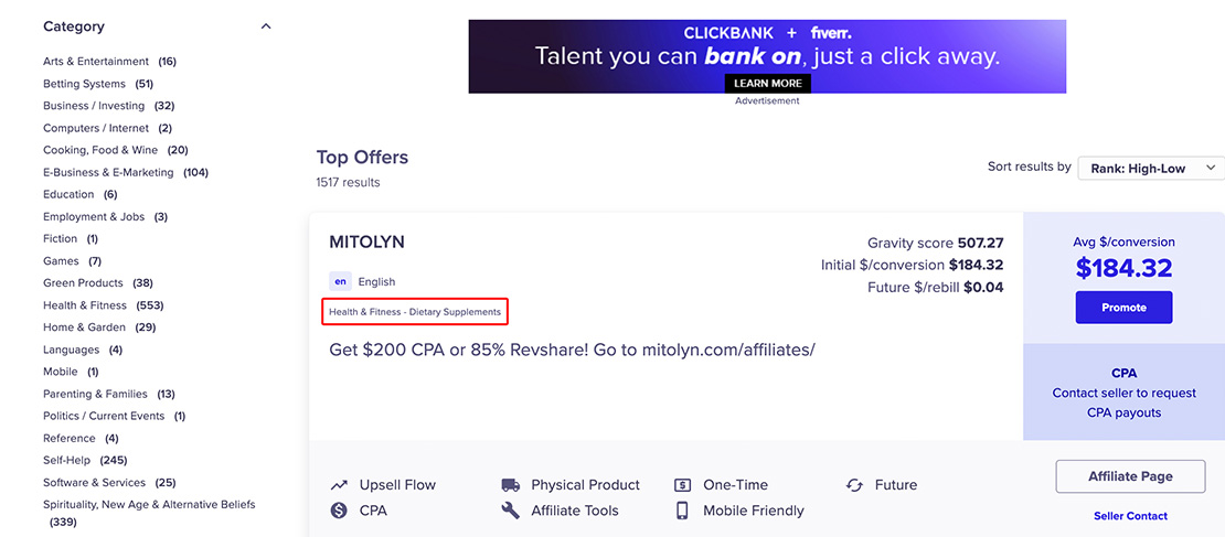 Screenshot from the ClickBank Marketplace