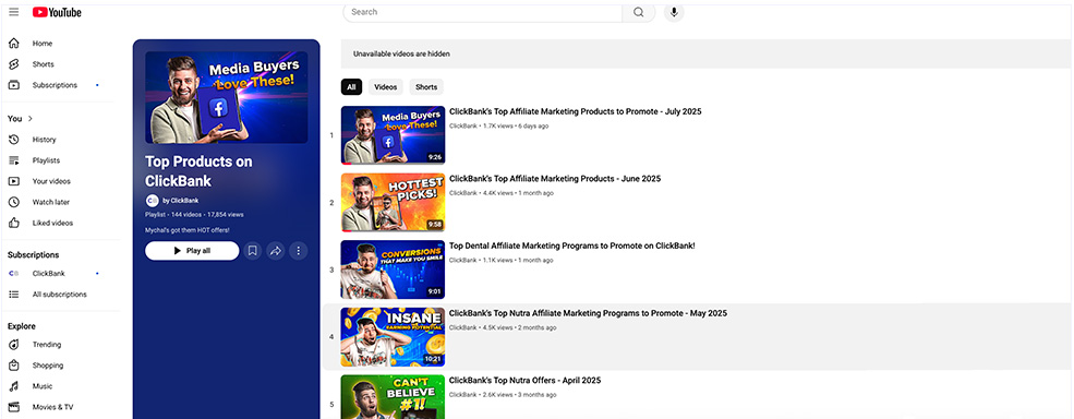Screenshot of ClickBank Youtube Channel